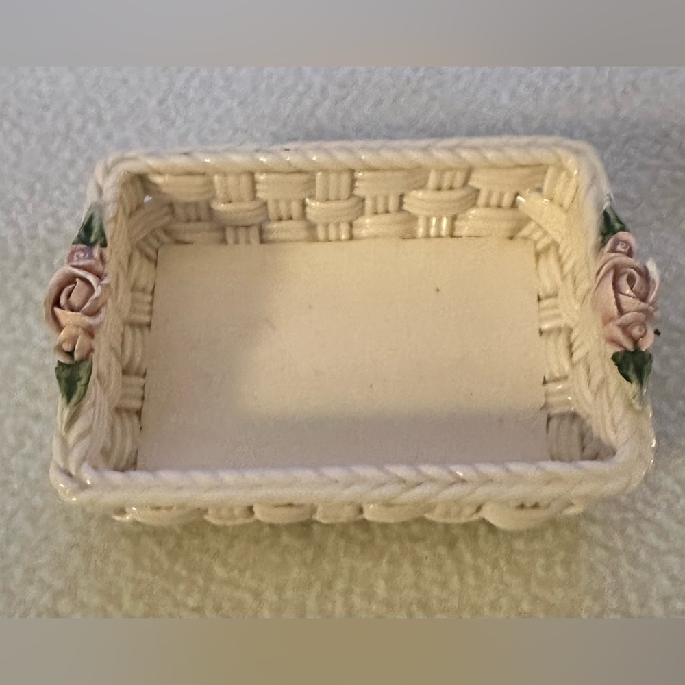Woven Ceramic/Porcelain Basket Tray with Floral Accents